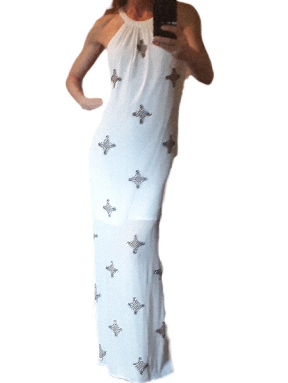 Marciano White Halter Maxi Dress with Gold Embellishments